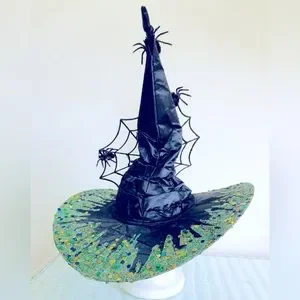 WITCH HAT Black satin green Sparkles crawling with spiders & Lg web 1 Of a kind MaidinVain | Accessories | Witch Hat Black Satin Green  main image 3